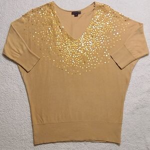JW Style Tan Gold Sequin Dolman Sleeve V-Neck Sweater Medium
